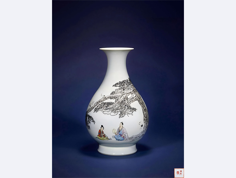 现代 王锡良 粉彩松隐高士玉壶春瓶