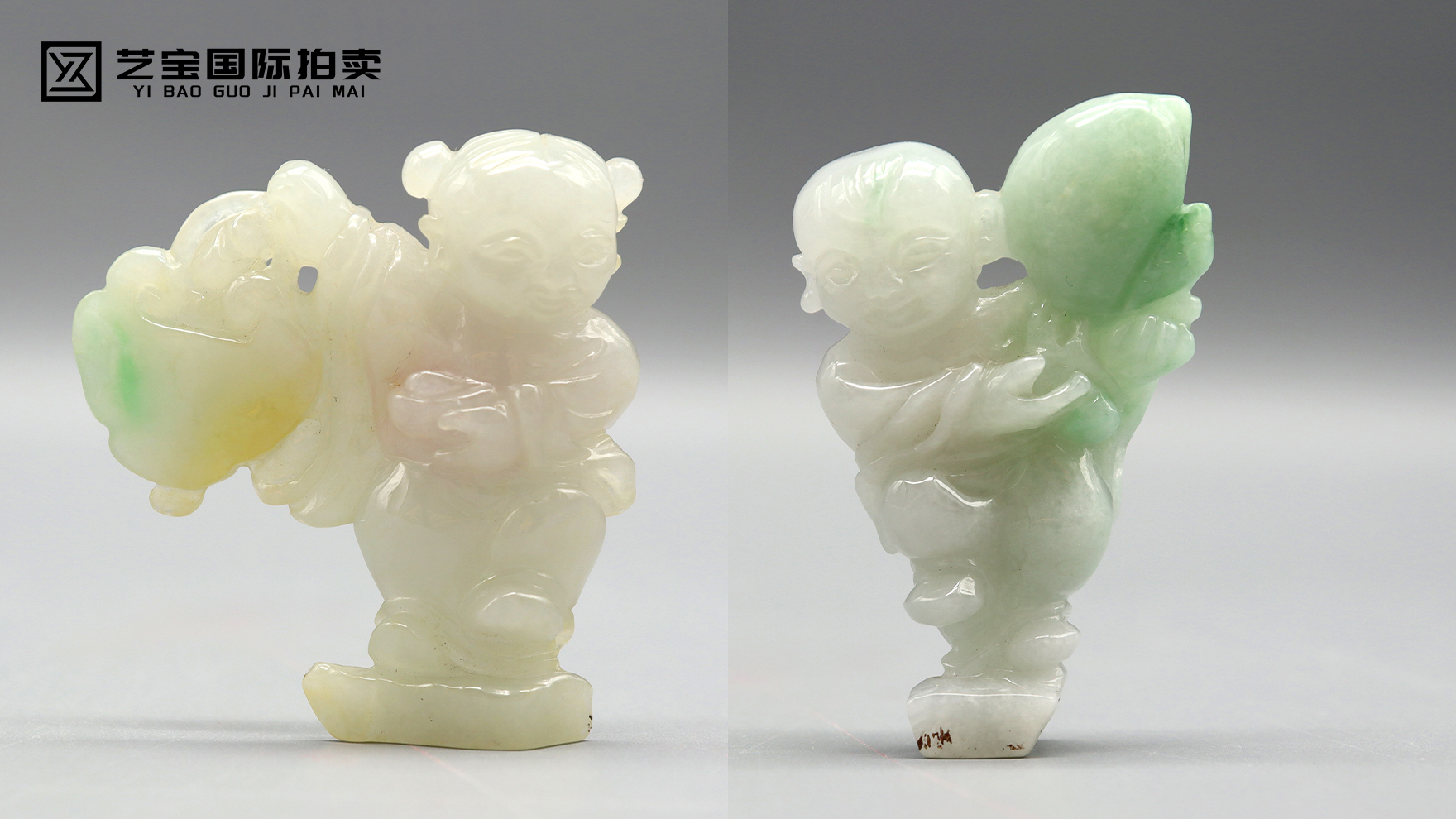 翡翠童子雕件一对