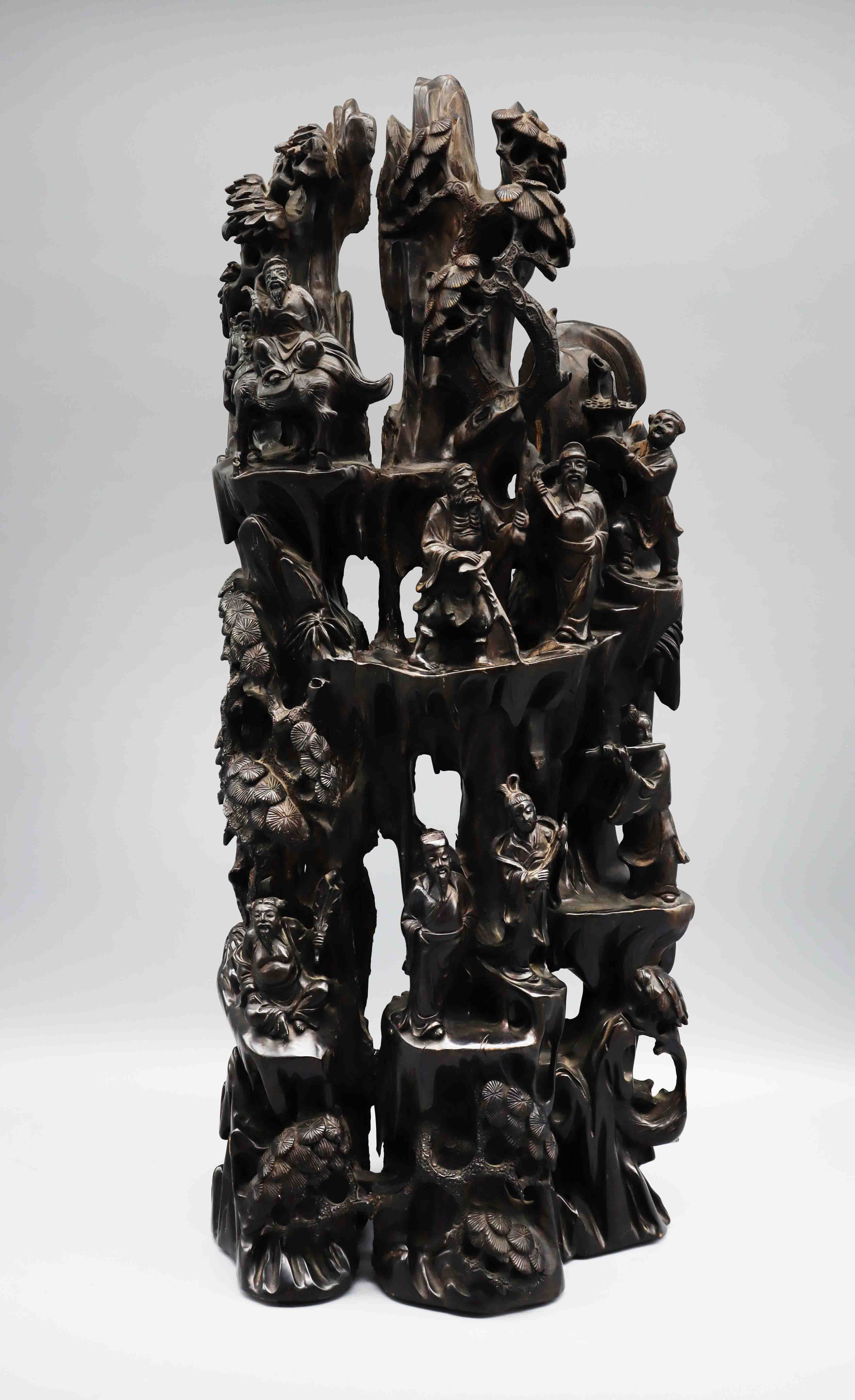 黑油沉香木立体圆雕八仙过海意境山子 夜场.jpg